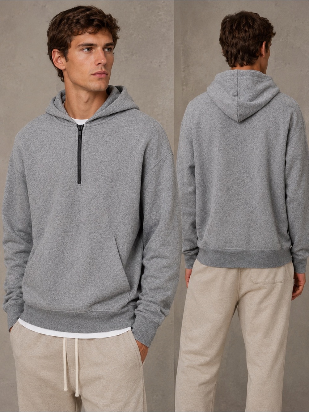 John Elliott Men's Grey Quarter Zip Hoodie Kangaroo Clean Minimalist Casual Sz 3